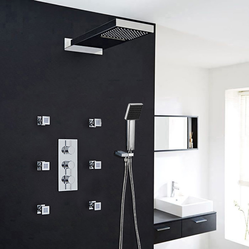 Système de douche à jets de massage thermostatique Juno, robinet de douche à jet de pluie, finition chromée