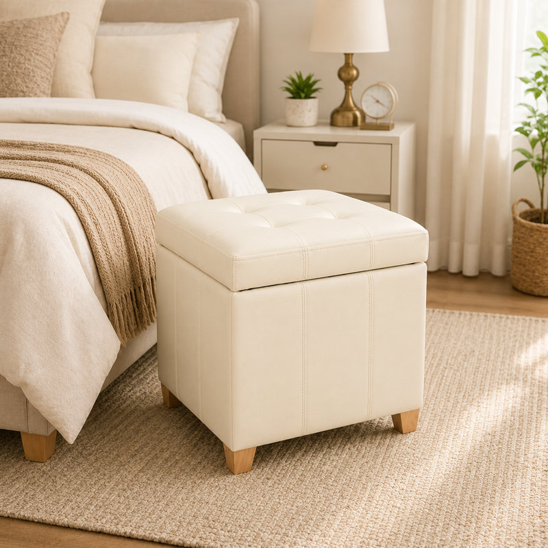 Repose-pieds carré avec rangement capitonné 17,5 po, Similicuir blanc cassé, Natural Wood