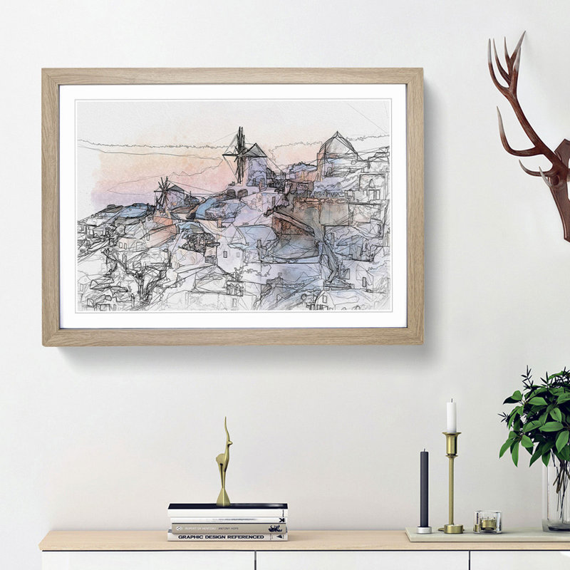 Oia Santorini Skyline in Greece in Abstract - Picture Frame Graphic Art Print, 36cm H x 48cm W x 2cm D, Oak Framed