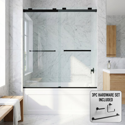 Houston 56-60 in. W x 66 in. H Frameless Sliding Tub Door in Matte Black with 3/8 in. (10mm) Clear Glass and Arden 3-Piece Bath Hardware Set