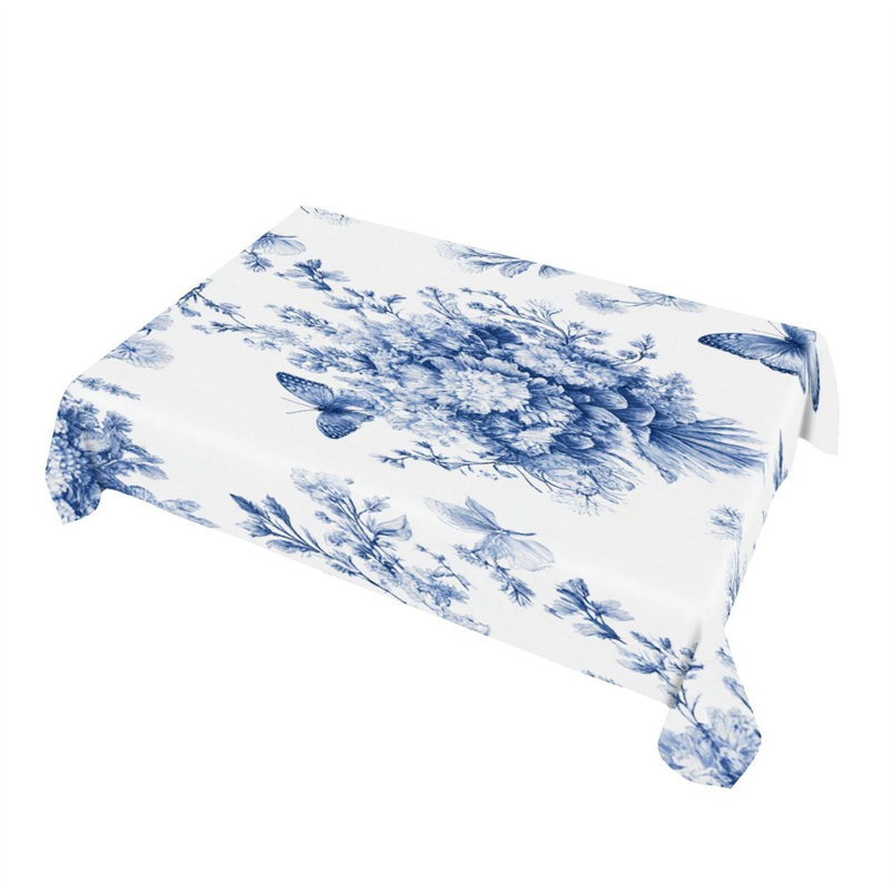 Blue and White Butterfly Floral Tablecloth, 60 x 86, Rectangle for Indoor and Outdoor