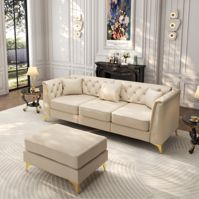 Canapé Chesterfield de luxe modulaire 3 places 81,5 po, canapé en similicuir capitonné à la main, accoudoirs garnis de métal et pieds minces en métal, comprend 3 coussins pour le salon, appartement, beige / blanc