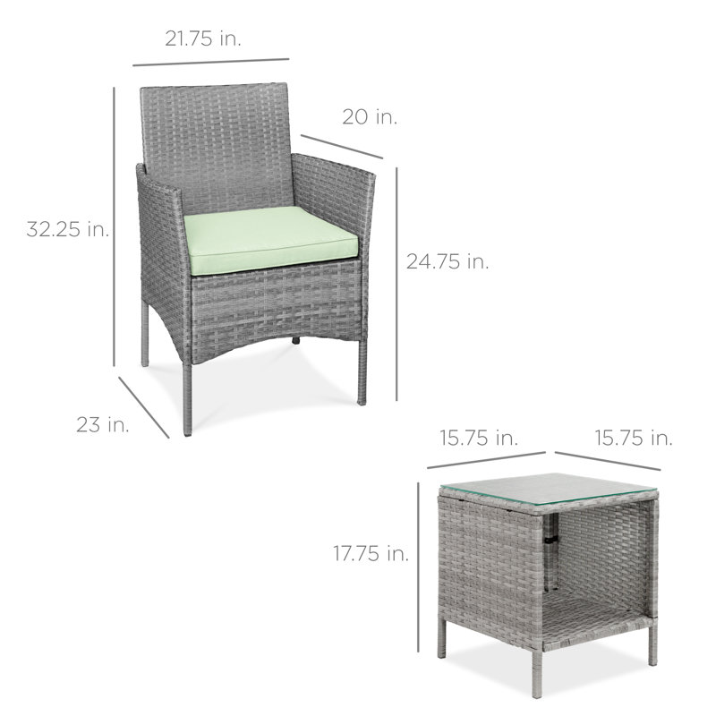  3-Piece Outdoor Wicker Conversation Patio Bistro Set, W/ 2 Chairs, Table - Gray/Light Mint, Gray, Light Mint