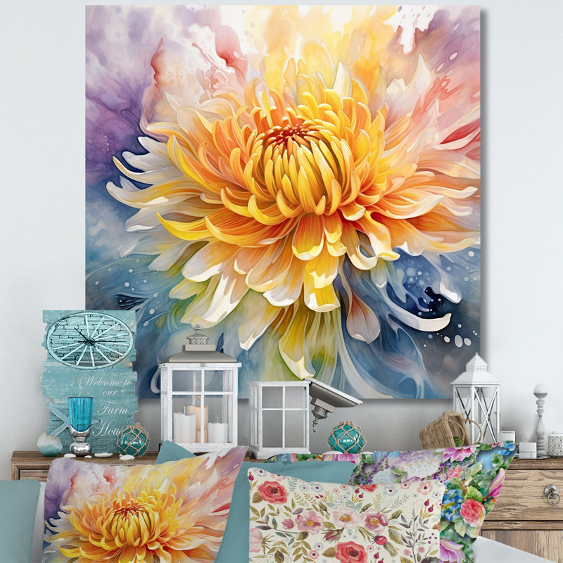 «Modern Blue and Yellow Chrysanthemums - Chrysanthemums», impressions d'art mural, Toile tendue, H 30 po x l 30 po x P 1 po