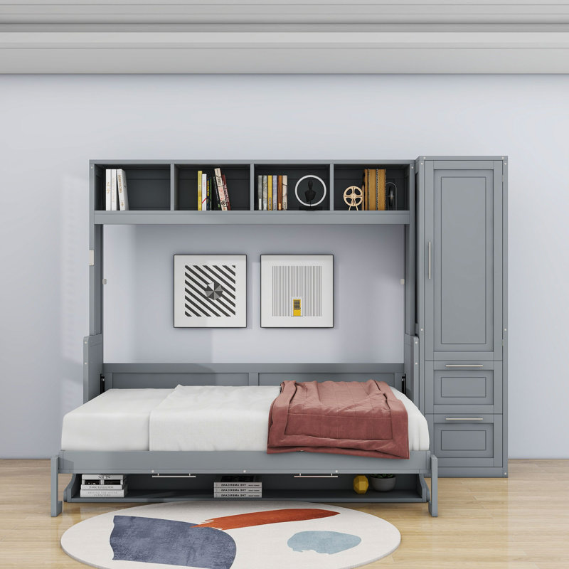 Lit escamotable en bois avec tablettes, placard et tiroirs Ladontay, Grand, gris