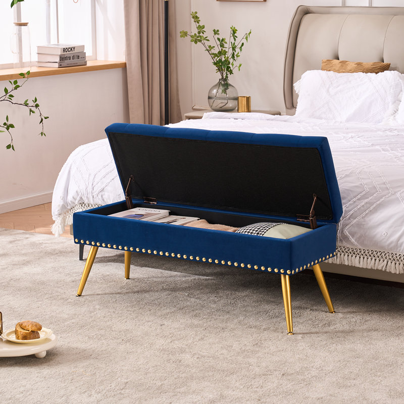 Banc repose-pieds en velours avec rangement, Marine, H 16,7 po x l 40 po x P 14,4 po