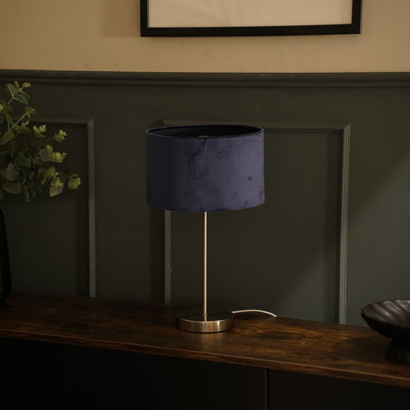 Dadiva Brushed Chrome Stem Table Lamp with Grey Velvet Reni Shade, Silver, No, Navy
