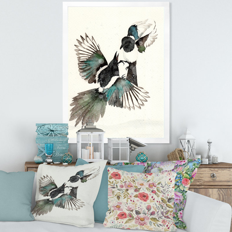 «Deux magpies noirs et turquoise dansant», reproduction sur toile, H 20 po x l 12 po, Toile blanche avec cadre d'angle fermé