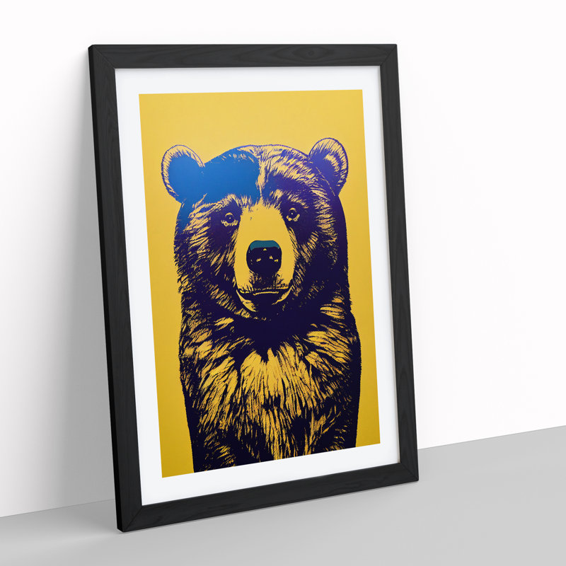 Block Print Bear - Wall Art, Black Framed, 66cm H x 48cm W x 2cm D, White