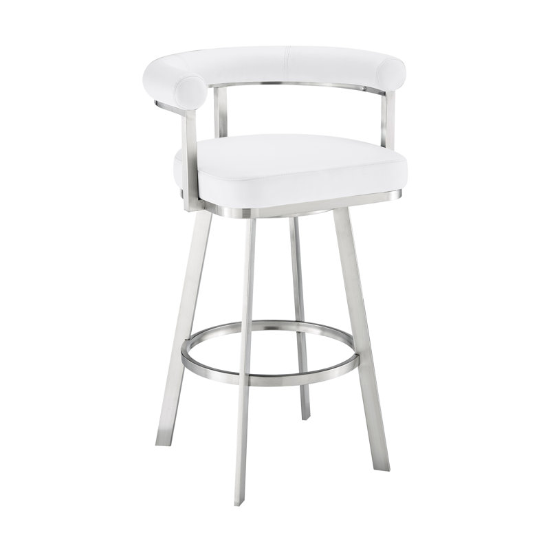 Tabouret de bar Hollie-May Mid-Century, Tabouret de comptoir (siège d'une hauteur de 26 p, Blanc, Acier inoxydable brossé