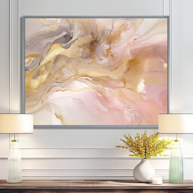Exquis symphonie abstraite rose et pastel doré I - art abstrait de peinture murale pour le salon, Encadrement argenté