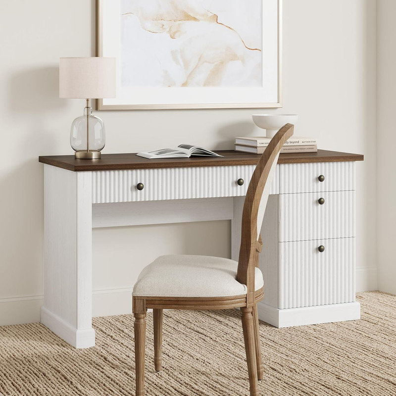 54" Fluted Home Office Desk with Charging Station, Modern Executive Computer Desk with File Cabinet, Brown/White