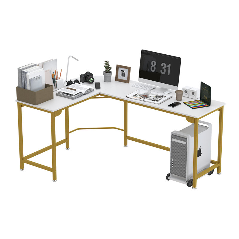 Willesden L-Shaped Steel Computer Desk, White/Gold, 29.52" H x 66.14" W x 18.9 " D