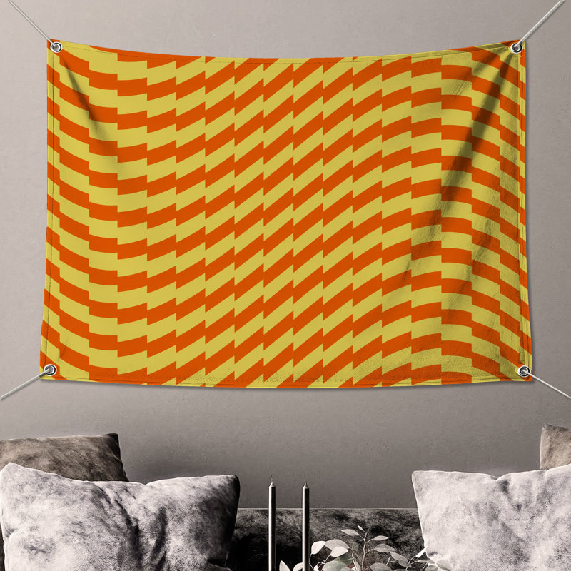 Tapisserie murale jaune zigzag orange - décoration murale à chevrons, H 68 po x l 80 po avec 4 œillets