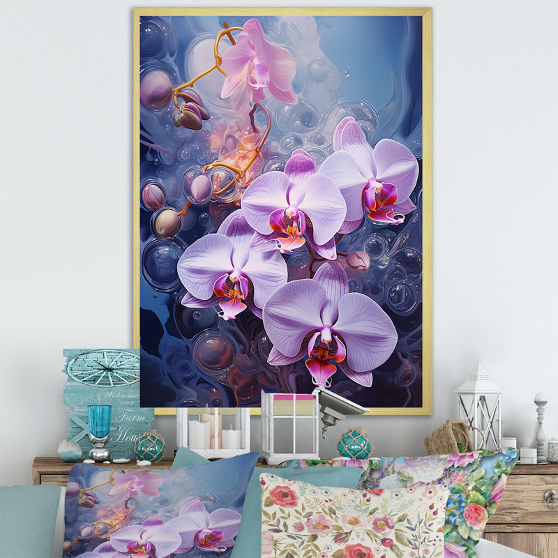 Collage d'orchidées mauves sur toile, Encadrement doré, H 40 po x l 30 po x P 1,5 po