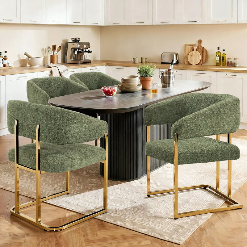 Modern 22" Seat Wide Metal Frame Chenille Upholstered Armchair Dining Chair Set of 2 (Green), Green