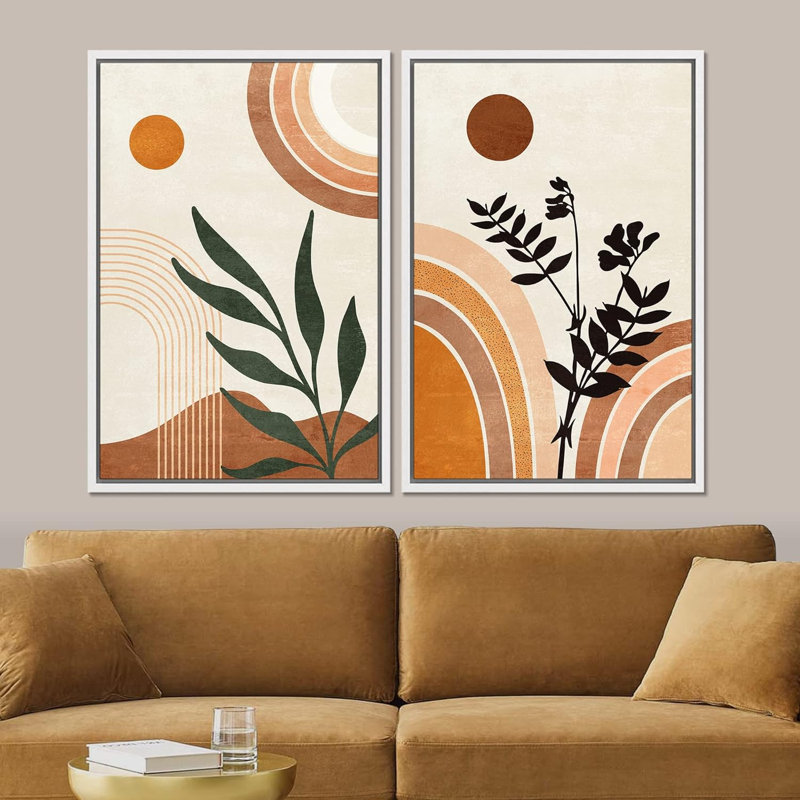 Art rétro, art moderne de style bohémien, plantes abstraites de style Mid-Century, Blanc, H 24 po x l 16 po