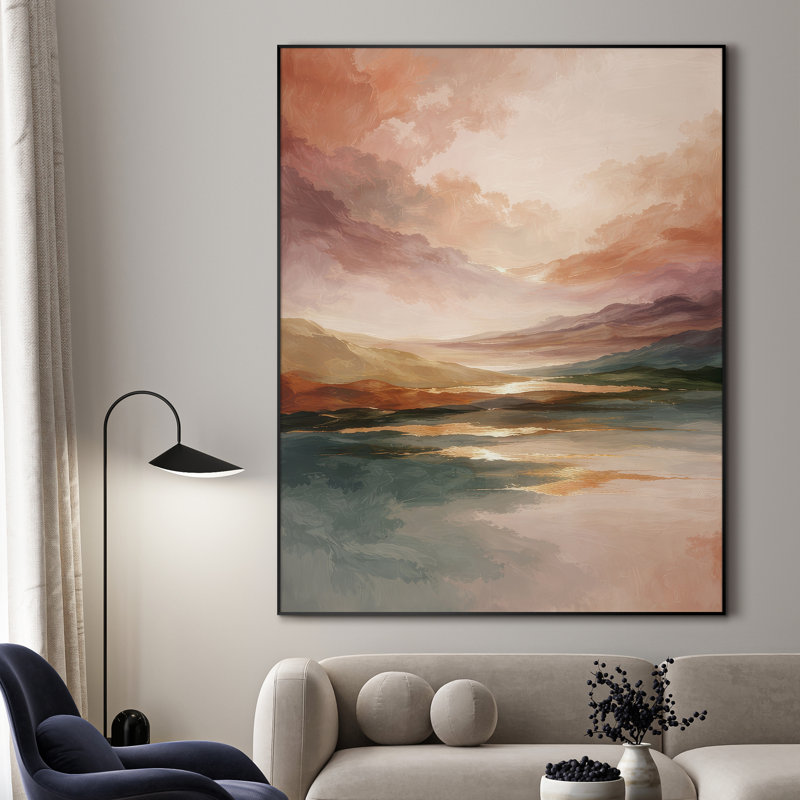 Très grand reproduction d'art sur tissu mural - Coucher de soleil pastel doux avec rivière réfléchissante pour la chambre à coucher - «Assemblage requis du cadre (cadre non fini)»