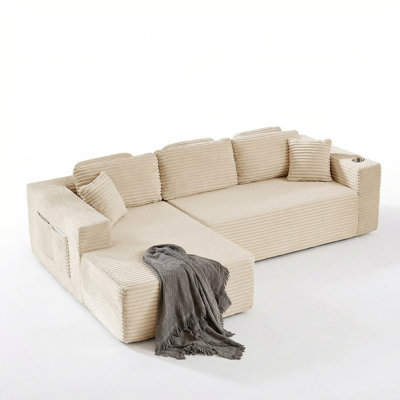 Boneless 108" Cloud Modular Sectional Sofa With L-Shape Chaise, Deeper Seat Corduroy Boneless Couch With 4 Storage Pockets For Living Room