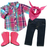Doll Plaid Button-up Blouse, Denim Jeggings, Bandana, and Cowgirl Boots