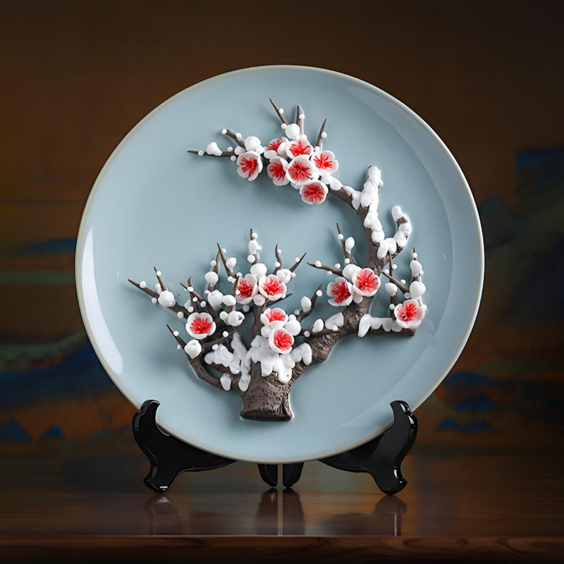 Plaque murale en céramique fleur de prunier - Élégante décoration intérieure