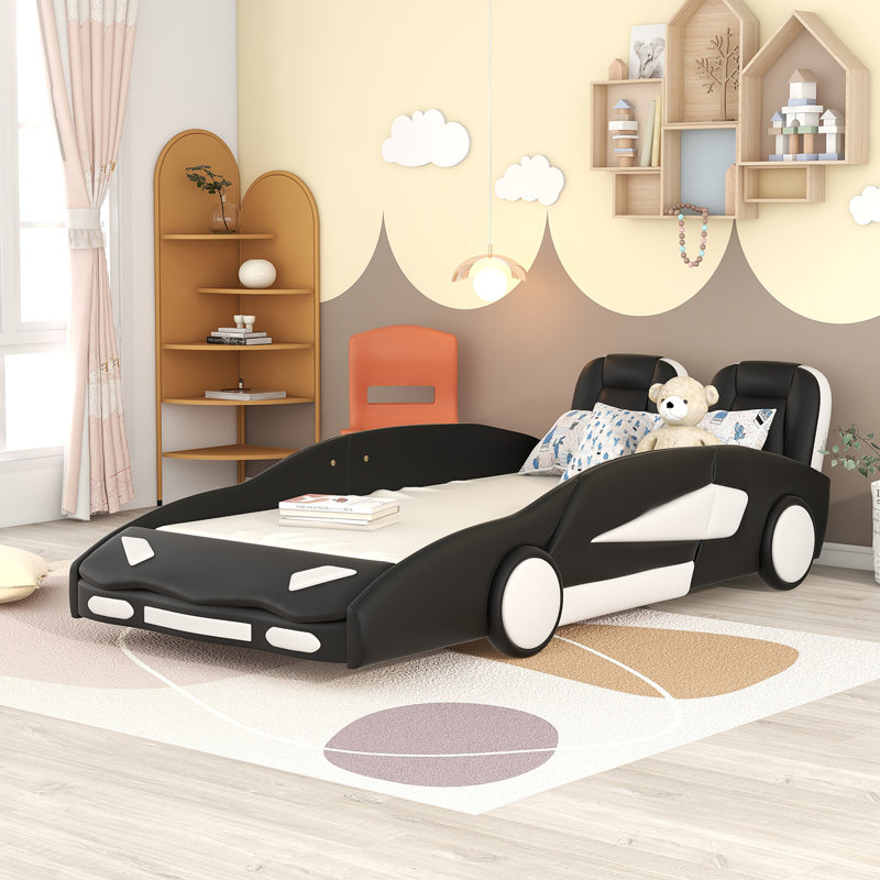 Race Car-Shaped Platform Bed With Wheels, Black