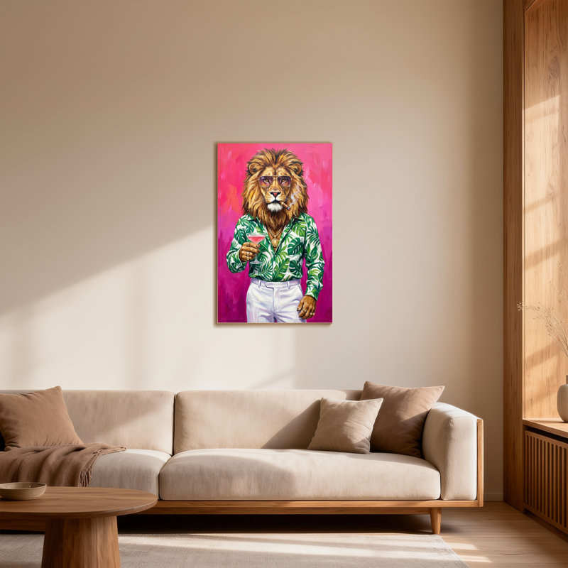 Animaux, lion dans une chemise tropicale tenant un cocktail, H 40 po x l 28 po