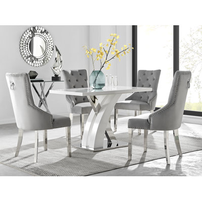 Marietta Chrome Metal & White High Gloss Dining Table Set - 4 Button Luxury Velvet Dining Chairs