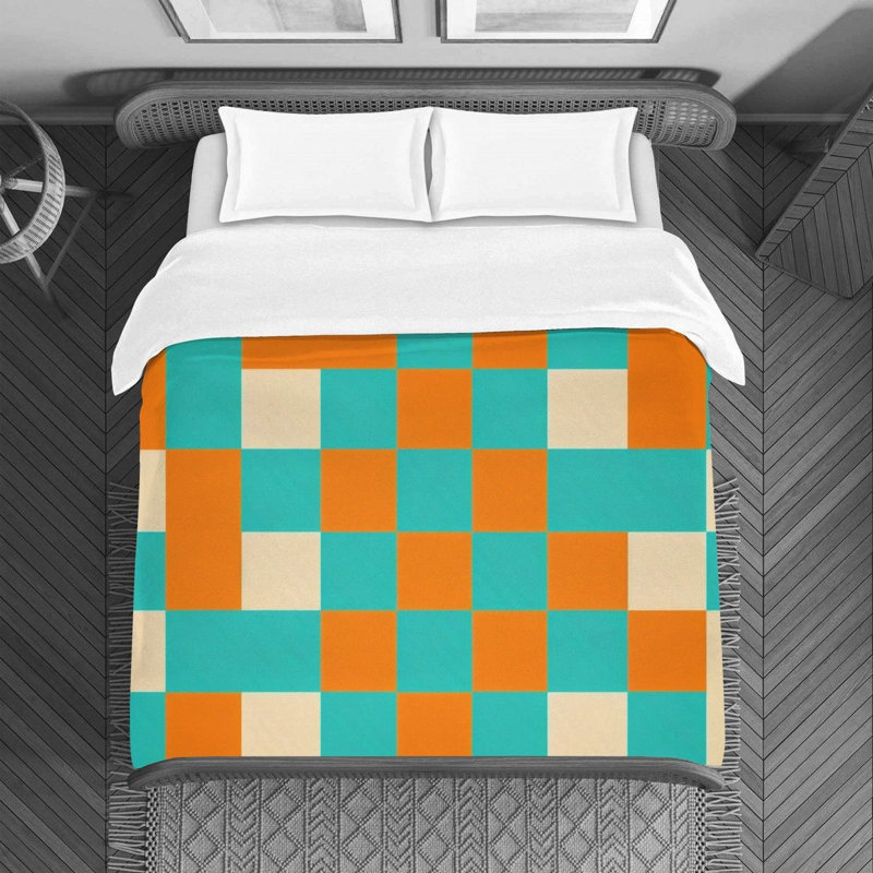 Housse de couette , Housse de couette pour lit simple, Orange / damier vert
