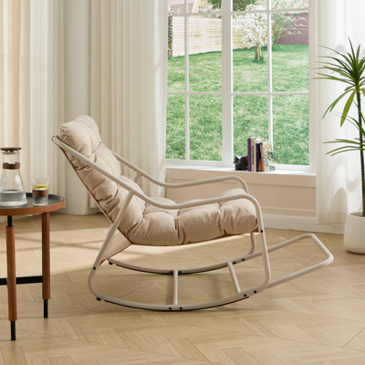 Chaise berçante d'extérieur, coussin confortable, avec coussin épais et doux, pour le salon, la chambre à coucher, la salle de lecture, structure beige avec coussin beige