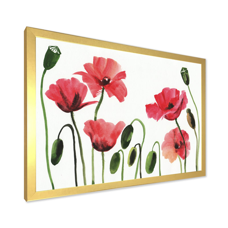 Coquelicots rouges rétro - peinture sur toile, H 12 po x l 20 po x p 1 po, Cadre doré