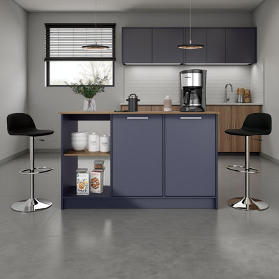 Îlot de cuisine H 35,7 po, 2 portes, 6 tablettes, bleu Alby / chêne naturel - Cuisine