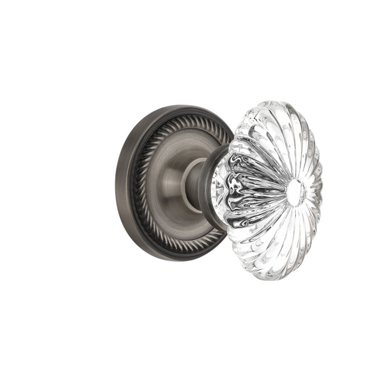 Rope Rosette with Oval Fluted Crystal Door Knob, Antique Pewter, 2-3/4"