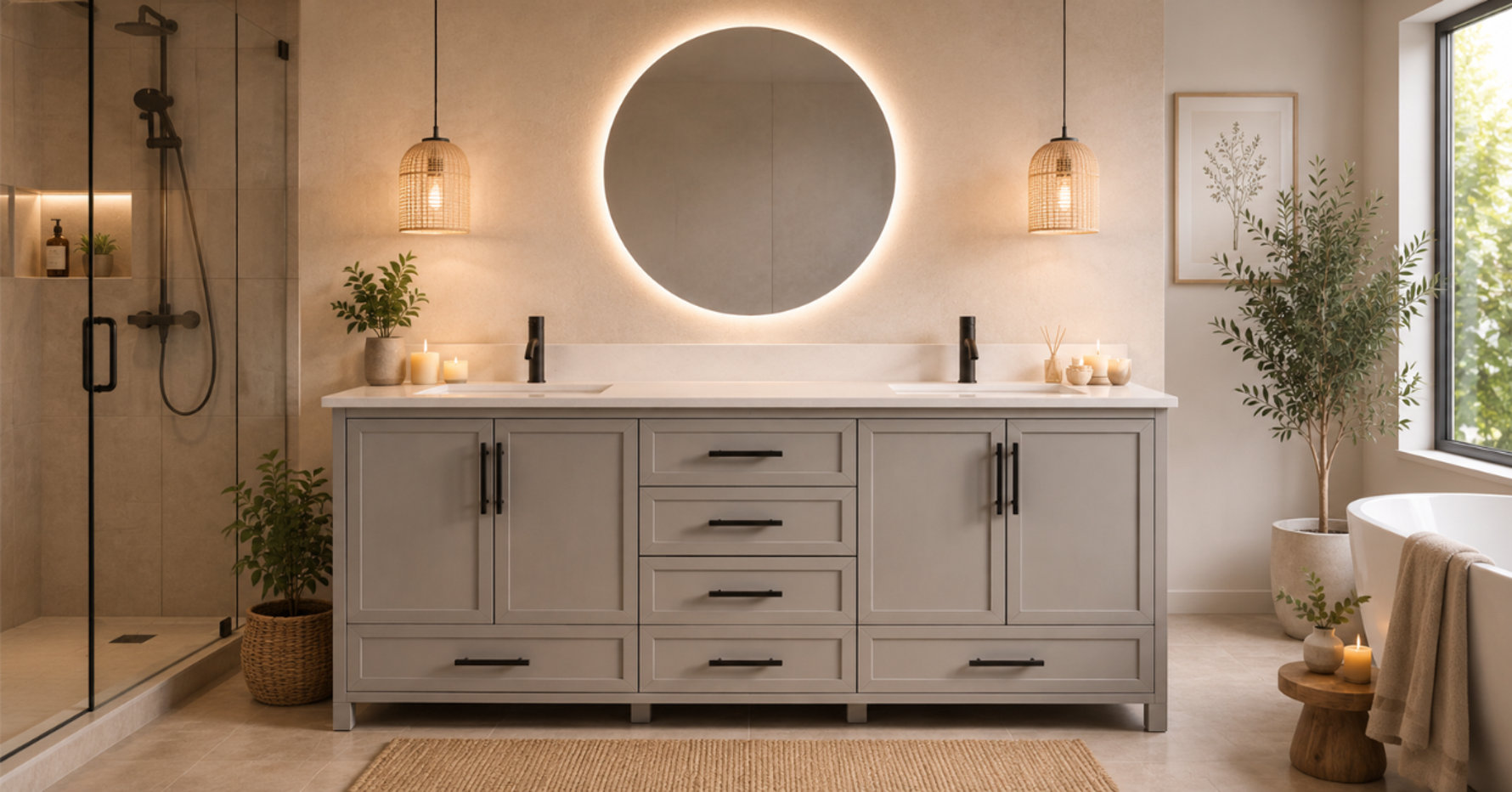 Modern double bathroom vanity in light gray with black hardware, white countertops, a circular LED-backlit mirror, and woven pendant lights in a spa-inspired bathroom.