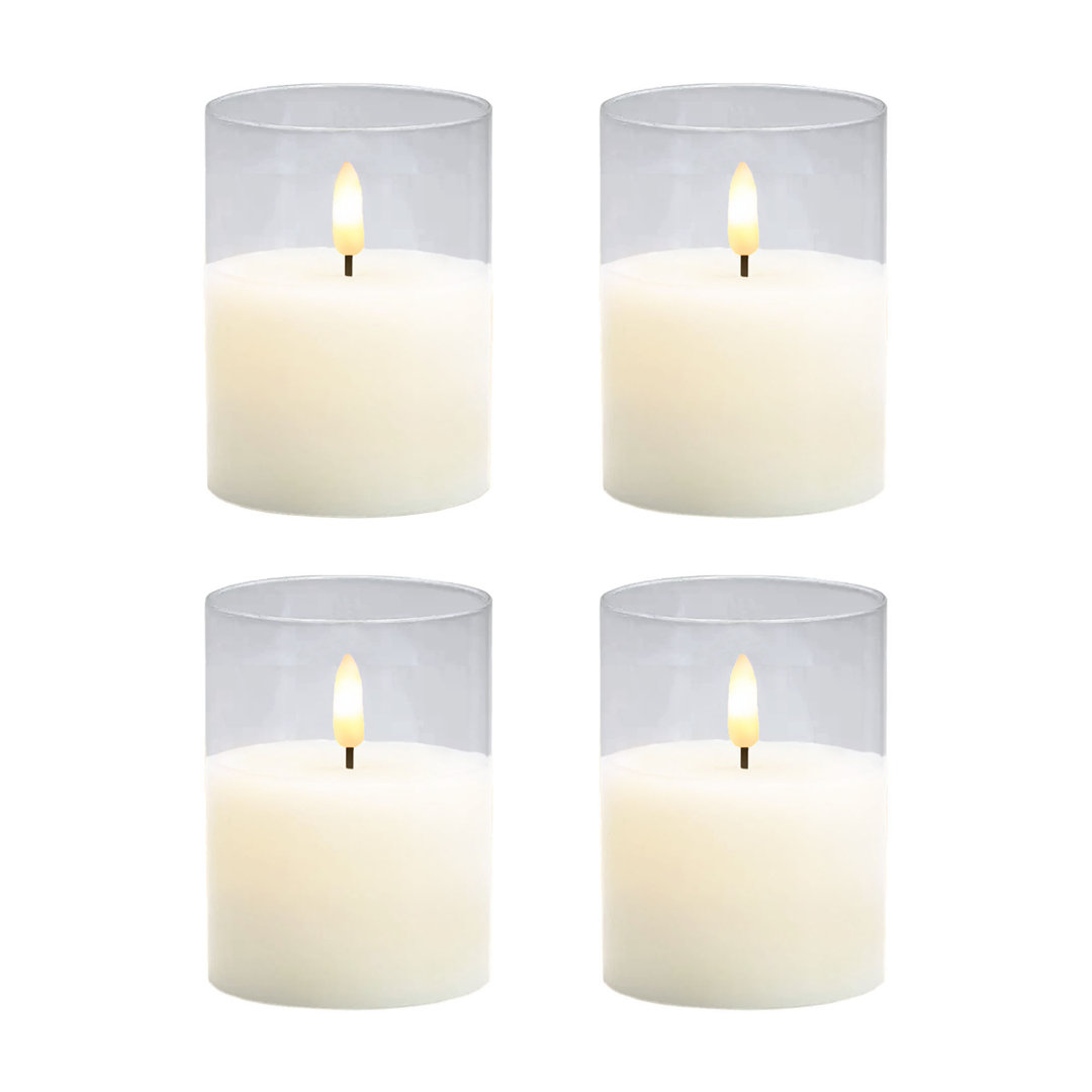 Battery Operated 3D Wick Flame LED Candles in Clear Holders, Soft White - 4 Pieces Ebern Designs