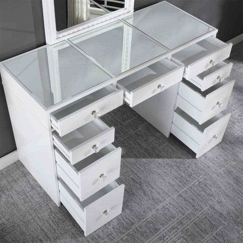 Contemporary Style 1Pc Vanity Set With 3Mm Mirror, LED Lights, Storage Drawers, Wooden Glides, And Padded Stool For Bedroom
