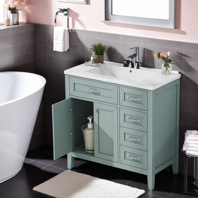 Meuble-lavabo 36 po avec lavabo en céramique - poignées argentées, 3 tiroirs, structure en bois massif, Vert