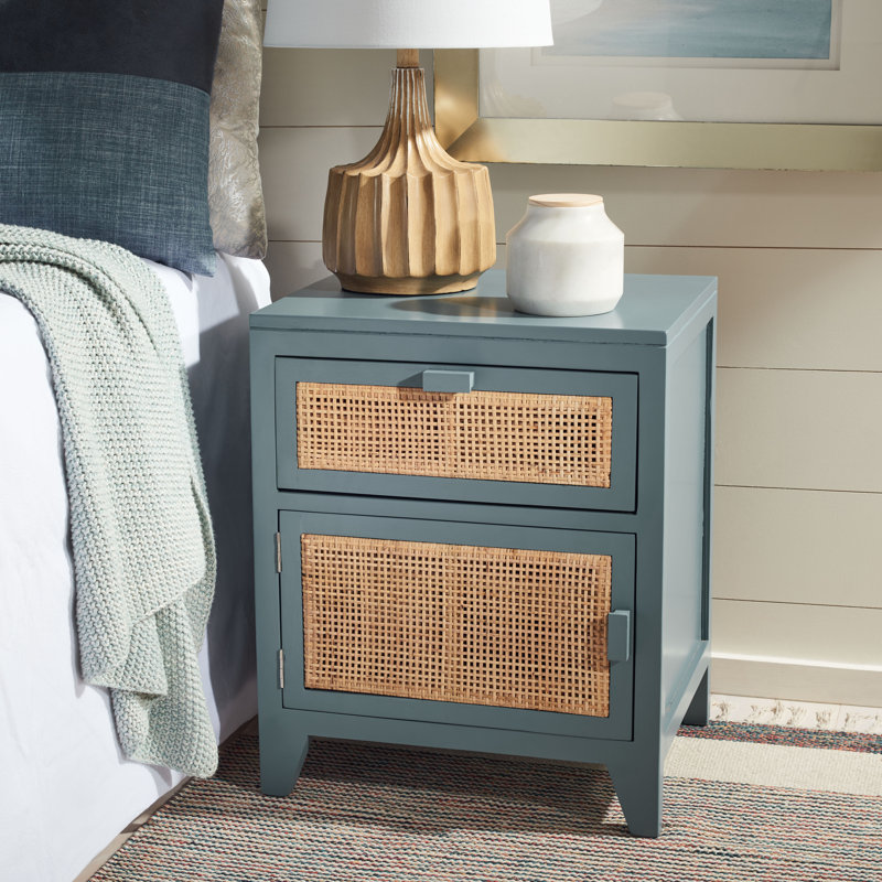 Elegant Blumenthal Rattan and Mahogany Nightstand – 18'' W Solid Wood Table with Sleek Drawer Pulls, Blue Gray
