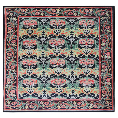 Square Black William Morris Machine Washable Area Rug with Built-in Padding Non-Slip Backing