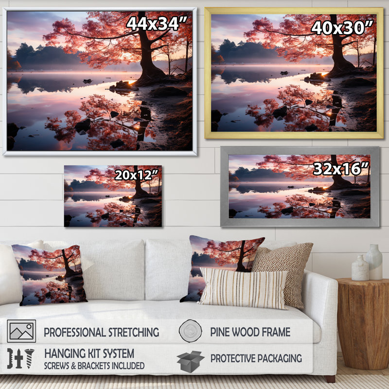«Lake Serenity Pastel Sunrise in Autumn», reproduction, H 12 po x l 20 po x P 1 po, Cadre simple noir