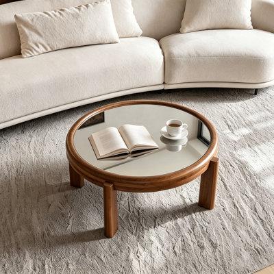 Table basse Mid-Century rétro avec plateau en miroir argenté et pieds en bois massif