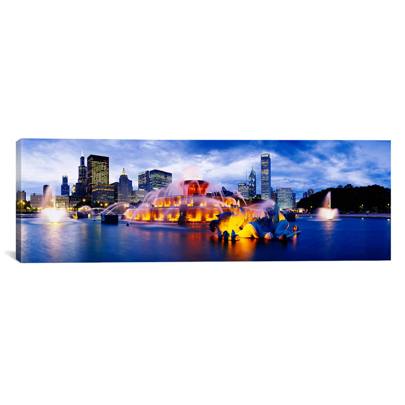 «Panoramic Buckingham Fountain in Grant Park, Chicago, Illinois», reproduction de photo sur toile, Toile tendue