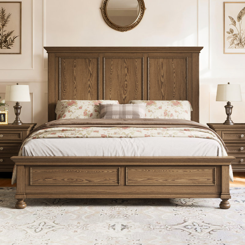 65" H King Size Solid Wood Bed with Roman Column Legs, Light Brown, Light Brown, King