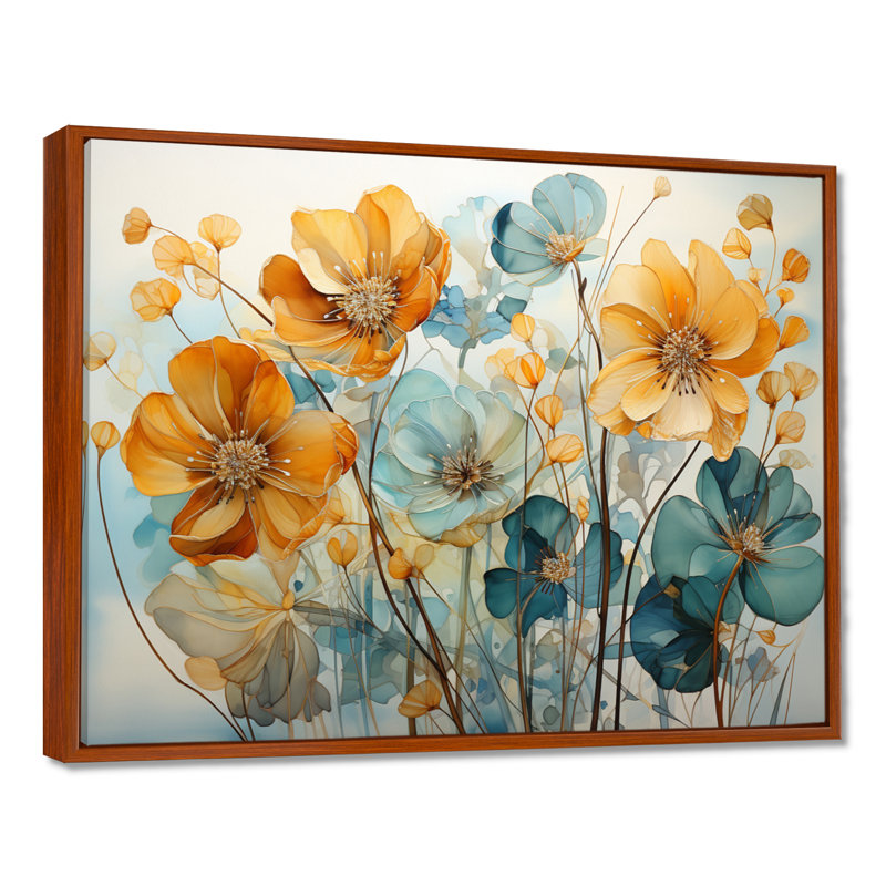 «Teal Orange Botanical Fragments I - Abstract Botanicals», art encadré, H 12 po x l 20 po x P 1 po, Cadre flottant brun
