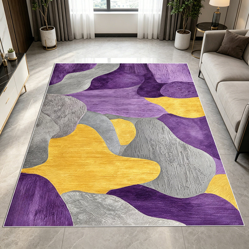 1PC Abstract Wavy Purple Gold Grey area rugs for Living Room, Soft and Comfortable, Suitable for all seasons, easy-to-maintain, machine washable Indoor floor mat, Under Table Farmhouse suitable for living room, dining area, bedroom, entryway, home