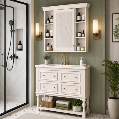 36" Bathroom Vanity With Mirror Cabinet, Adjustable Shelf, Bathroom Storage Cabinet With 4 Drawers, Solid Wood Frame Bathroom Storage Cabinet - Beige