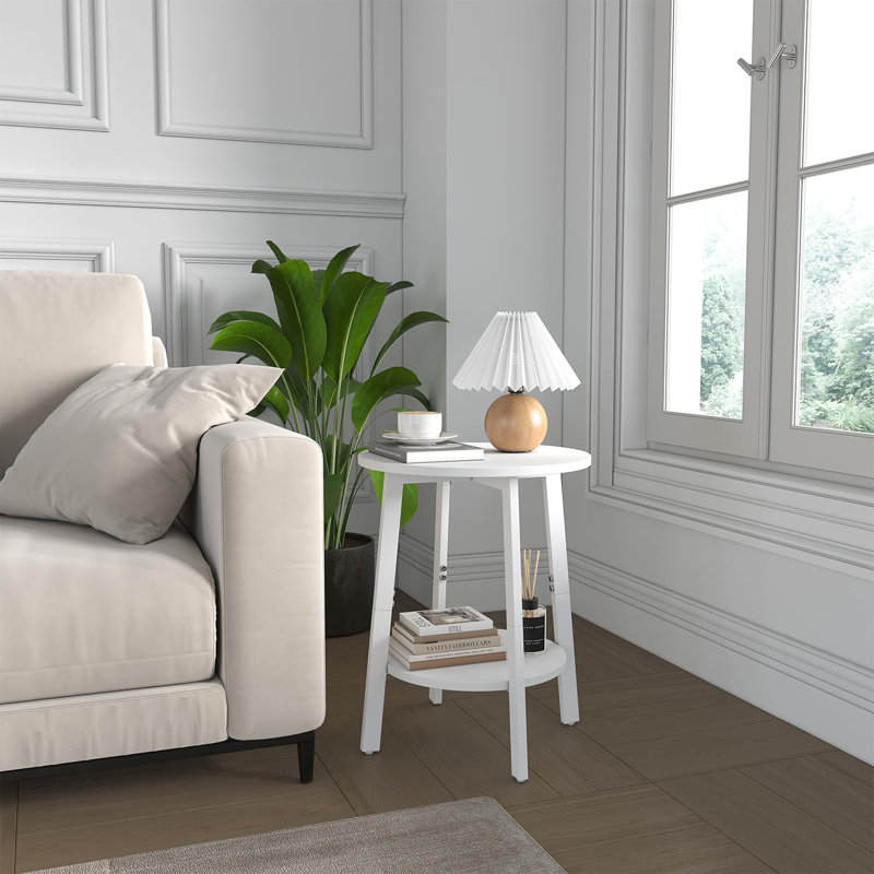 Side Table, Small Round End Table With Storage Shelf For Small Space, 2-Tier Small Bedside Table Sofa Couch Table, Round Accent Table Nighstands For Living Room, Bedroom,White