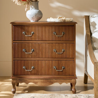 Satine Transitional 28"W 3-Drawer Solid Wood Fluted Chest with Built-In Power Outlet and Simple Assembly
