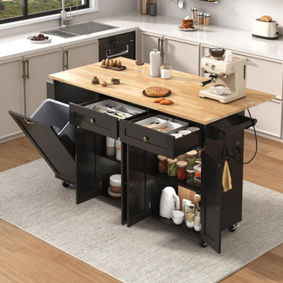 67" Rolling Kitchen Island Cart with Expandable Drop Leaf, Built-in Power Outlet & USB Ports, Hidden Tilt-Out Trash Cabinet