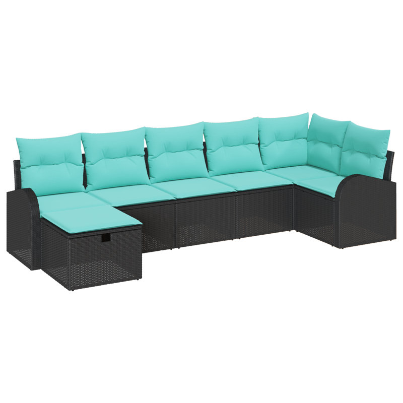 vidaXL Sofa Set with Cushion 7 pcs Black and Turquoise Poly Rattan, Black Frame/Blue Cushion